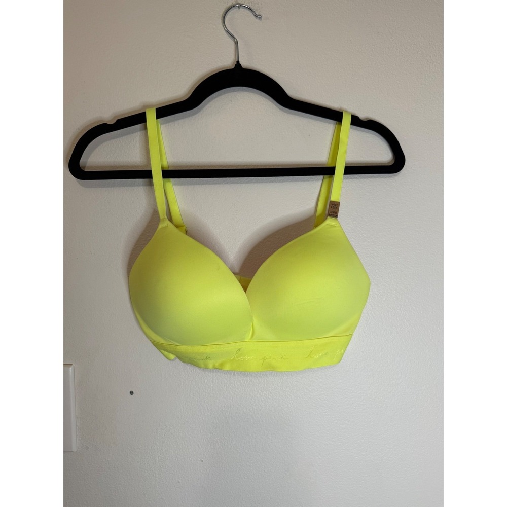 PINK Victoria's Secret Wireless Push-Up Bra Neon Yellow Pink 32DD NWT